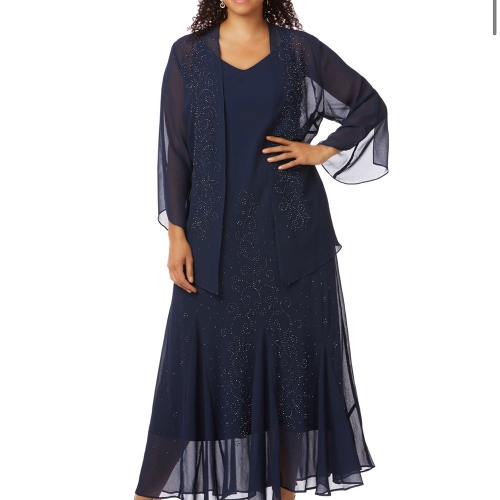 PLUS SIZE MASQUERADE BEADED DRESS SET- NAVY
